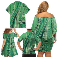 Pasifika Women's Day - Samoa Siapo Malu Tattoo Inspired Family Matching Off Shoulder Short Dress and Hawaiian Shirt Jade