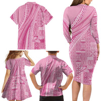 Pasifika Women's Day - Samoa Siapo Malu Tattoo Inspired Family Matching Long Sleeve Bodycon Dress and Hawaiian Shirt Pink