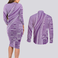 Pasifika Women's Day - Samoa Siapo Malu Tattoo Inspired Couples Matching Long Sleeve Bodycon Dress and Long Sleeve Button Shirt Lavender LT7 - Polynesian Pride