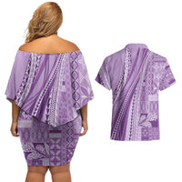 Pasifika Women's Day - Samoa Siapo Malu Tattoo Inspired Couples Matching Off Shoulder Short Dress and Hawaiian Shirt Lavender LT7 - Polynesian Pride