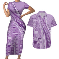 Pasifika Women's Day - Samoa Siapo Malu Tattoo Inspired Couples Matching Short Sleeve Bodycon Dress and Hawaiian Shirt Lavender LT7 Lavender - Polynesian Pride