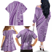 Pasifika Women's Day - Samoa Siapo Malu Tattoo Inspired Family Matching Off The Shoulder Long Sleeve Dress and Hawaiian Shirt Lavender