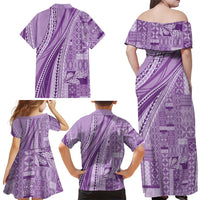 Pasifika Women's Day - Samoa Siapo Malu Tattoo Inspired Family Matching Off Shoulder Maxi Dress and Hawaiian Shirt Lavender