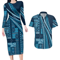 Pasifika Women's Day - Samoa Siapo Malu Tattoo Inspired Couples Matching Long Sleeve Bodycon Dress and Hawaiian Shirt Navy Blue LT7 Navy Blue - Polynesian Pride