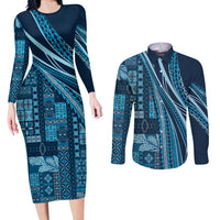 Pasifika Women's Day - Samoa Siapo Malu Tattoo Inspired Couples Matching Long Sleeve Bodycon Dress and Long Sleeve Button Shirt Navy Blue