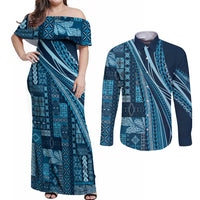 Pasifika Women's Day - Samoa Siapo Malu Tattoo Inspired Couples Matching Off Shoulder Maxi Dress and Long Sleeve Button Shirt Navy Blue LT7 Navy Blue - Polynesian Pride