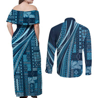 Pasifika Women's Day - Samoa Siapo Malu Tattoo Inspired Couples Matching Off Shoulder Maxi Dress and Long Sleeve Button Shirt Navy Blue LT7 - Polynesian Pride