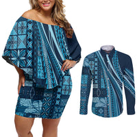 Pasifika Women's Day - Samoa Siapo Malu Tattoo Inspired Couples Matching Off Shoulder Short Dress and Long Sleeve Button Shirt Navy Blue LT7 Navy Blue - Polynesian Pride