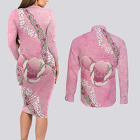 Hawaii Maui Island Flowers Lei Couples Matching Long Sleeve Bodycon Dress and Long Sleeve Button Shirt Lokelani Rose Pink