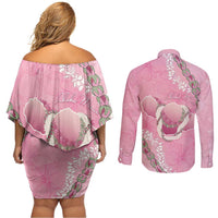 Hawaii Maui Island Flowers Lei Couples Matching Off Shoulder Short Dress and Long Sleeve Button Shirt Lokelani Rose Pink LT7 - Polynesian Pride