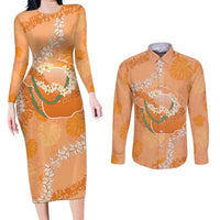 Hawaii Lanai Island Flowers Lei Couples Matching Long Sleeve Bodycon Dress and Long Sleeve Button Shirt Orange Kaunaoa Mix Maile
