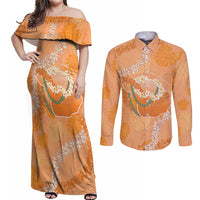Hawaii Lanai Island Flowers Lei Couples Matching Off Shoulder Maxi Dress and Long Sleeve Button Shirt Orange Kaunaoa Mix Maile LT7 Orange - Polynesian Pride