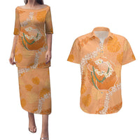 Hawaii Lanai Island Flowers Lei Couples Matching Puletasi and Hawaiian Shirt Orange Kaunaoa Mix Maile LT7 Orange - Polynesian Pride