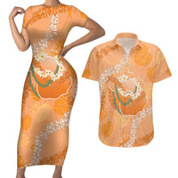 Hawaii Lanai Island Flowers Lei Couples Matching Short Sleeve Bodycon Dress and Hawaiian Shirt Orange Kaunaoa Mix Maile LT7 Orange - Polynesian Pride