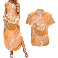 Hawaii Lanai Island Flowers Lei Couples Matching Summer Maxi Dress and Hawaiian Shirt Orange Kaunaoa Mix Maile