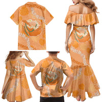 Hawaii Lanai Island Flowers Lei Family Matching Mermaid Dress and Hawaiian Shirt Orange Kaunaoa Mix Maile LT7 - Polynesian Pride