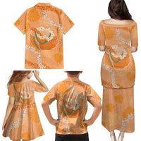 Hawaii Lanai Island Flowers Lei Family Matching Puletasi and Hawaiian Shirt Orange Kaunaoa Mix Maile LT7 - Polynesian Pride