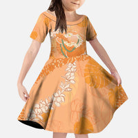 Hawaii Lanai Island Flowers Lei Kid Short Sleeve Dress Orange Kaunaoa Mix Maile LT7 KID Orange - Polynesian Pride