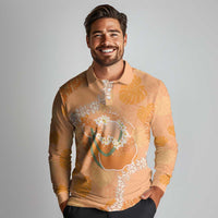Hawaii Lanai Island Flowers Lei Long Sleeve Polo Shirt Orange Kaunaoa Mix Maile LT7 - Polynesian Pride