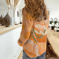 Hawaii Lanai Island Flowers Lei Women Casual Shirt Orange Kaunaoa Mix Maile LT7 - Polynesian Pride