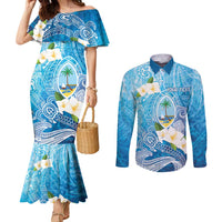 Hafa Adai Guam Chamorro Personalized Couples Matching Mermaid Dress and Long Sleeve Button Shirt Ocean Blue Latte Stone with Guasali LT7 Ocean Blue - Polynesian Pride