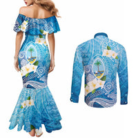 Hafa Adai Guam Chamorro Personalized Couples Matching Mermaid Dress and Long Sleeve Button Shirt Ocean Blue Latte Stone with Guasali LT7 - Polynesian Pride