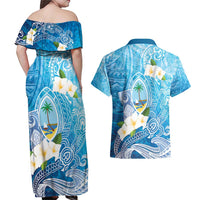 Hafa Adai Guam Chamorro Personalized Couples Matching Off Shoulder Maxi Dress and Hawaiian Shirt Ocean Blue Latte Stone with Guasali - Polynesian Pride