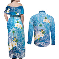 Hafa Adai Guam Chamorro Personalized Couples Matching Off Shoulder Maxi Dress and Long Sleeve Button Shirt Ocean Blue Latte Stone with Guasali - Polynesian Pride