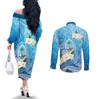 Hafa Adai Guam Chamorro Personalized Couples Matching Off The Shoulder Long Sleeve Dress and Long Sleeve Button Shirt Ocean Blue Latte Stone with Guasali - Polynesian Pride