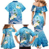 Hafa Adai Guam Chamorro Personalized Family Matching Mermaid Dress and Hawaiian Shirt Ocean Blue Latte Stone with Guasali - Polynesian Pride