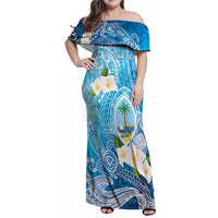 Hafa Adai Guam Chamorro Personalized Family Matching Off Shoulder Maxi Dress and Hawaiian Shirt Ocean Blue Latte Stone with Guasali - Polynesian Pride