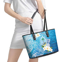 Hafa Adai Guam Chamorro Personalized Leather Tote Bag Ocean Blue Latte Stone with Guasali LT7 - Polynesian Pride