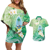 Hafa Adai Guam Chamorro Personalized Couples Matching Off Shoulder Short Dress and Hawaiian Shirt Summer Green Latte Stone with Guasali - Polynesian Pride