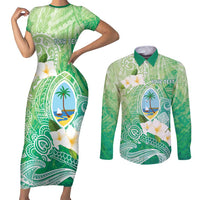 Hafa Adai Guam Chamorro Personalized Couples Matching Short Sleeve Bodycon Dress and Long Sleeve Button Shirt Summer Green Latte Stone with Guasali - Polynesian Pride