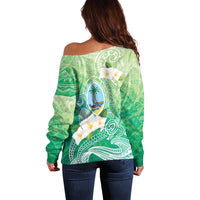 Hafa Adai Guam Chamorro Personalized Off Shoulder Sweater Summer Green Latte Stone with Guasali - Polynesian Pride