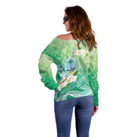 Hafa Adai Guam Chamorro Personalized Off Shoulder Sweater Summer Green Latte Stone with Guasali - Polynesian Pride
