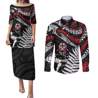 New Zealand Maori Rugby Personalised Couples Matching Puletasi and Long Sleeve Button Shirt Ta Moko Silver Fern LT7 Black - Polynesian Pride