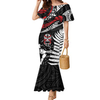 New Zealand Maori Rugby Personalised Family Matching Mermaid Dress and Hawaiian Shirt Ta Moko Silver Fern LT7 Mom's Dress Black - Polynesian Pride