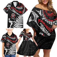 New Zealand Maori Rugby Personalised Family Matching Off Shoulder Short Dress and Hawaiian Shirt Ta Moko Silver Fern LT7 - Polynesian Pride