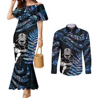 New Zealand Maori Rugby Personalised Couples Matching Mermaid Dress and Long Sleeve Button Shirt Ta Moko Silver Fern - Paua Blue LT7 Blue - Polynesian Pride