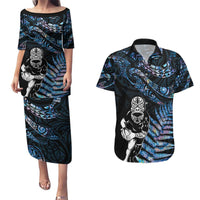 New Zealand Maori Rugby Personalised Couples Matching Puletasi and Hawaiian Shirt Ta Moko Silver Fern - Paua Blue LT7 Blue - Polynesian Pride