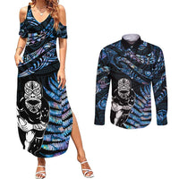 New Zealand Maori Rugby Personalised Couples Matching Summer Maxi Dress and Long Sleeve Button Shirt Ta Moko Silver Fern - Paua Blue LT7 Blue - Polynesian Pride