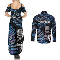 New Zealand Maori Rugby Personalised Couples Matching Summer Maxi Dress and Long Sleeve Button Shirt Ta Moko Silver Fern - Paua Blue LT7 - Polynesian Pride