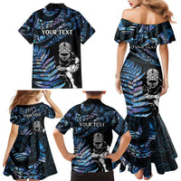 New Zealand Maori Rugby Personalised Family Matching Mermaid Dress and Hawaiian Shirt Ta Moko Silver Fern - Paua Blue LT7 - Polynesian Pride