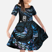 New Zealand Maori Rugby Personalised Family Matching Off The Shoulder Long Sleeve Dress and Hawaiian Shirt Ta Moko Silver Fern - Paua Blue