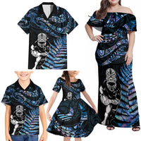 New Zealand Maori Rugby Personalised Family Matching Off Shoulder Maxi Dress and Hawaiian Shirt Ta Moko Silver Fern - Paua Blue LT7 - Polynesian Pride