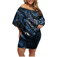 New Zealand Maori Rugby Personalised Family Matching Off Shoulder Short Dress and Hawaiian Shirt Ta Moko Silver Fern - Paua Blue LT7 Mom's Dress Blue - Polynesian Pride