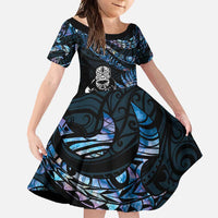 New Zealand Maori Rugby Personalised Family Matching Short Sleeve Bodycon Dress and Hawaiian Shirt Ta Moko Silver Fern - Paua Blue LT7 Daughter's Dress Blue - Polynesian Pride