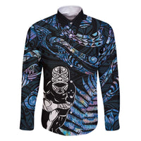 New Zealand Maori Rugby Personalised Family Matching Summer Maxi Dress and Hawaiian Shirt Ta Moko Silver Fern - Paua Blue LT7 Dad's Shirt - Long Sleeve Blue - Polynesian Pride