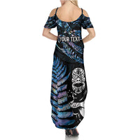 New Zealand Maori Rugby Personalised Family Matching Summer Maxi Dress and Hawaiian Shirt Ta Moko Silver Fern - Paua Blue LT7 - Polynesian Pride